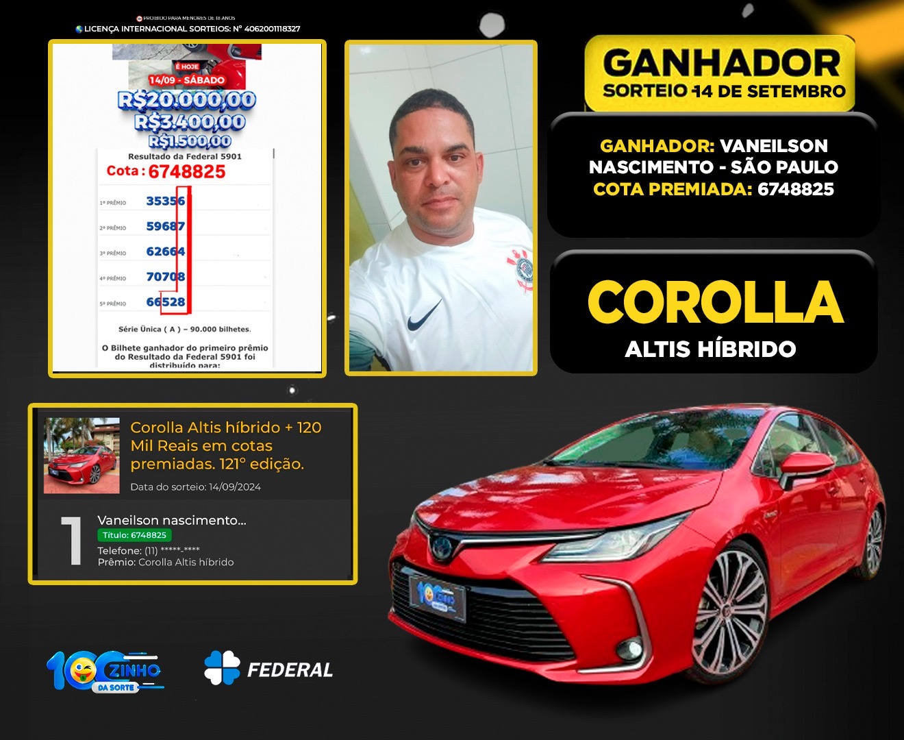 Corolla Altis híbrido + 120 Mil Reais em cotas premiadas. 121º edição.