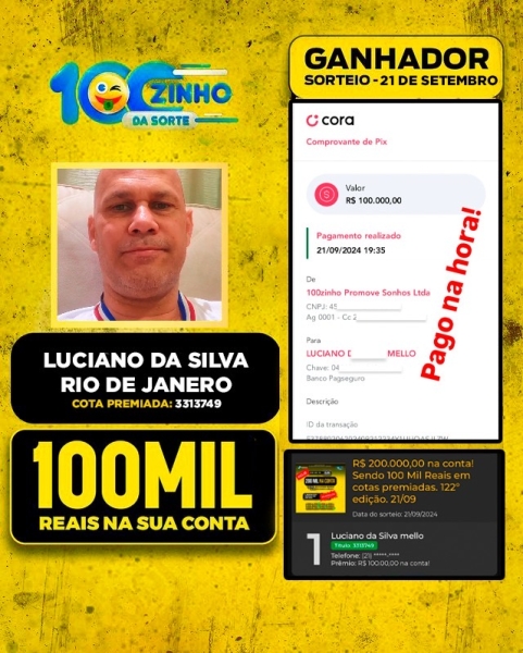 R$ 200.000,00 na conta! Sendo 100 Mil Reais em cotas premiadas. 122º edição. 21/09