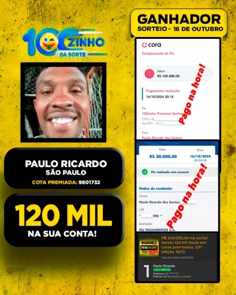 R$ 240.000,00 na conta! Sendo 120 Mil Reais em cotas premiadas. 125º edição. 16/10