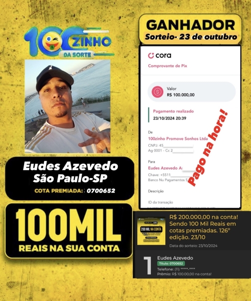 R$ 200.000,00 na conta! Sendo 100 Mil Reais em cotas premiadas. 126º edição. 23/10