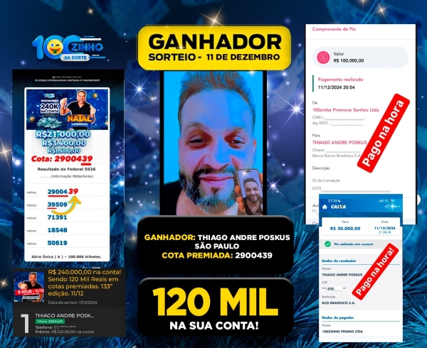 R$ 240.000,00 na conta! Sendo 120 Mil Reais em cotas premiadas. 133º edição. 11/12